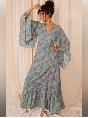 RAGA Floral Wrap Maxi Dress in Teal and Pink, Size Medium, EUC!